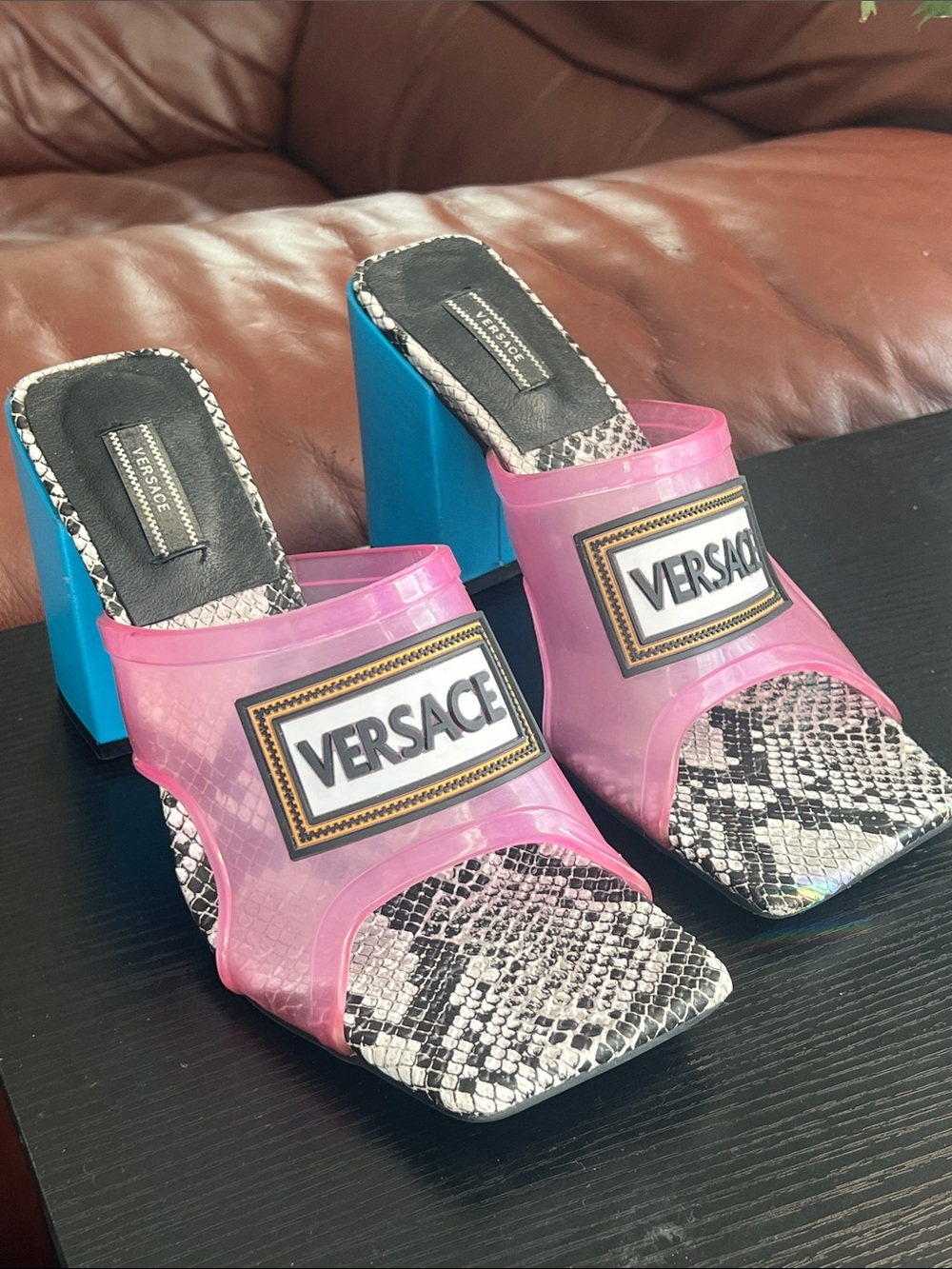 Vintage VERSACE 2019 Runway 90s Logo Transparent Pink PVC Mules Size 10